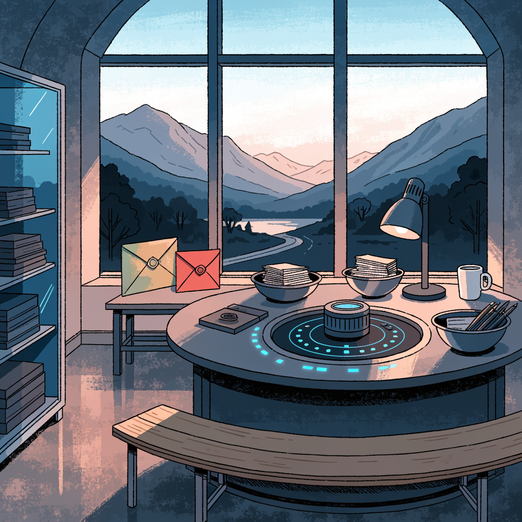 A welcoming secret-agent headquarters with mission envelopes and a mountain view